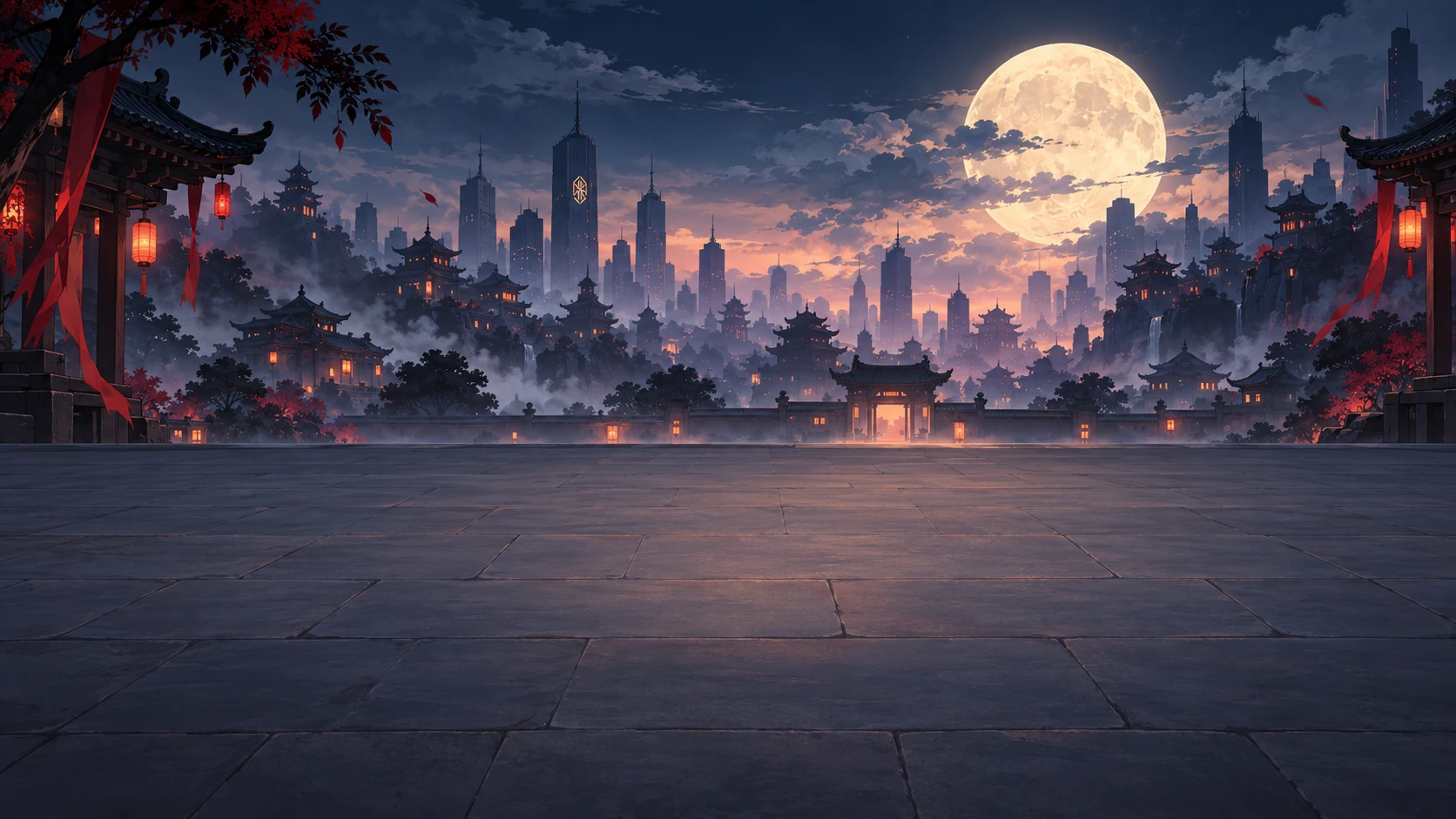 In-game environment asset: Seventh High School courtyard under supernatural overcast